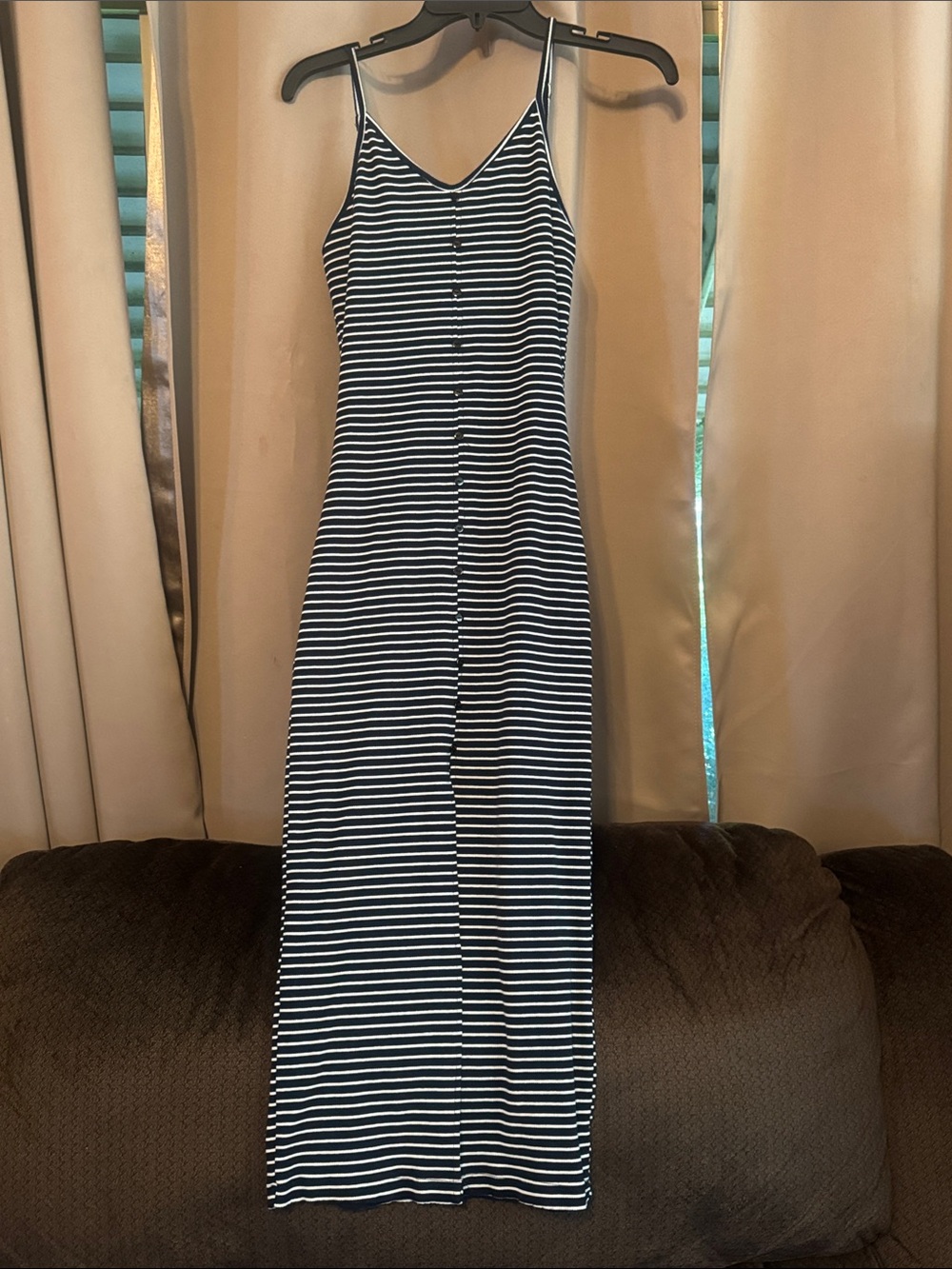 Avec  Black and White Striped Spaghetti Strap Maxi Dress